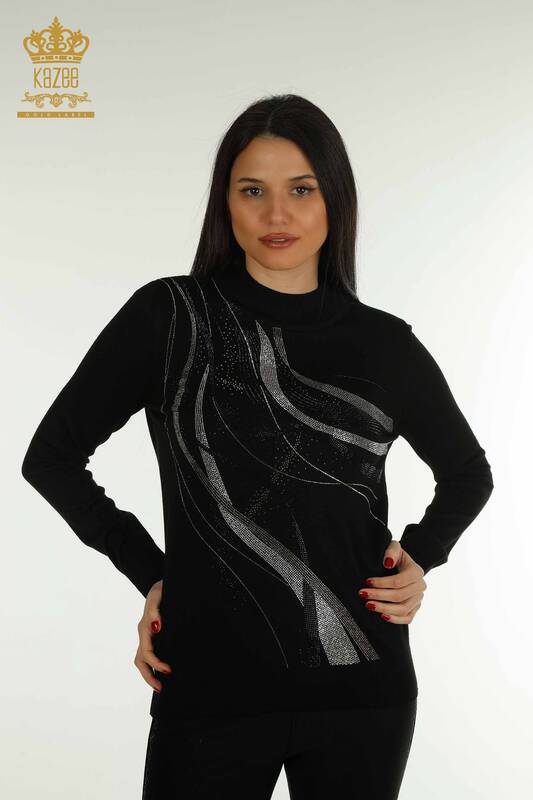 Pull En Tricot Pour Femmes En Gros Noir Avec Broderie De Pierres De