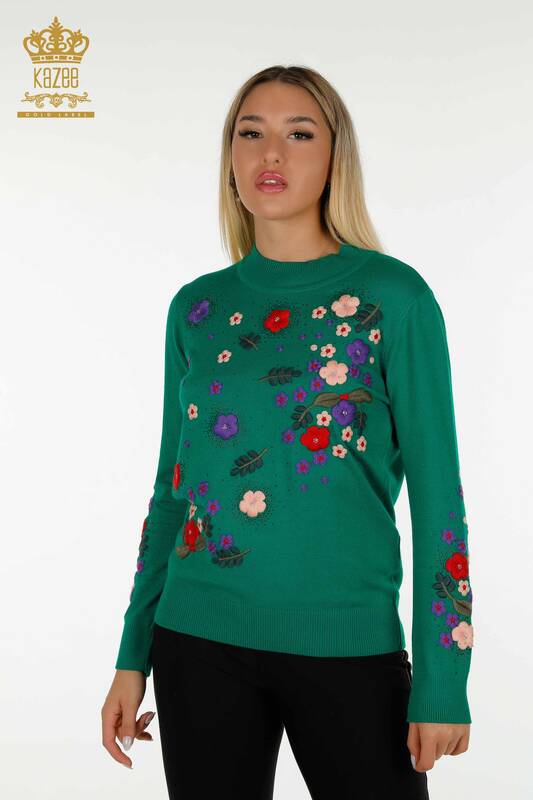 Pull En Tricot Pour Femmes En Gros Vert Avec Broderie Florale 30632