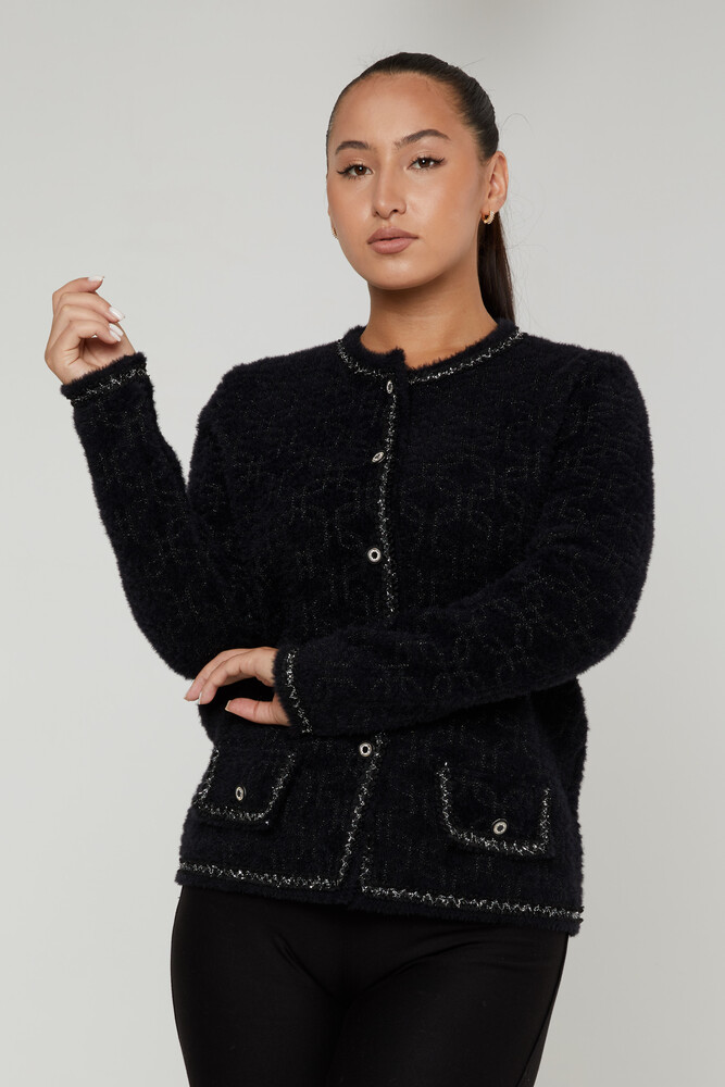 Angora-Cardigan mit Knopf und detaillierter Tasche, Schwarz – 30920 | KAZEE (4er-Set M-L-XL-2XL) - 1