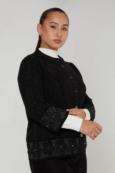 Cardigan Angora avec Détail Fleur et Poche Noir - 31179 | KAZEE (Lot de 3 L-XL-2XL) - 1