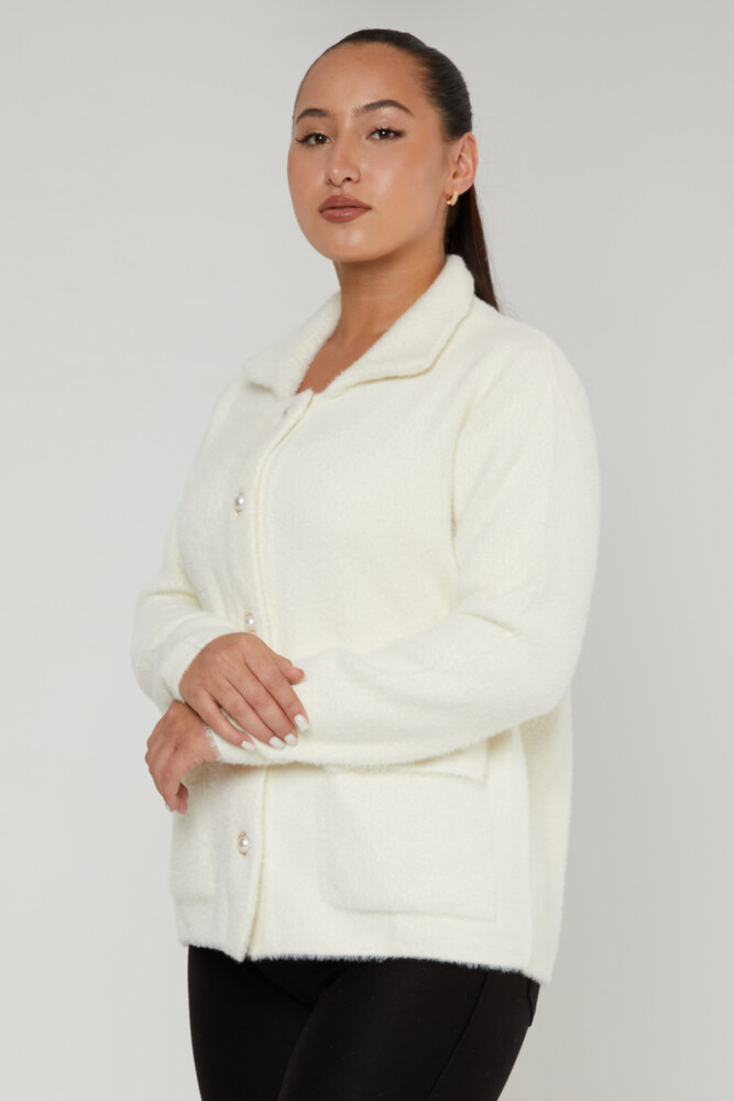 Angora Hırka İnci Düğmeli Ekru - 30756 | KAZEE (3'lü Set M-L-XL) - 2