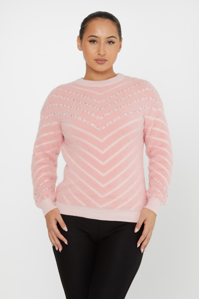 Sweter Angora, haftowany koralikami, pudrowy z długim rękawem - 30189 | KAZEE (zestaw 3 sztuk S-M-L) - 1