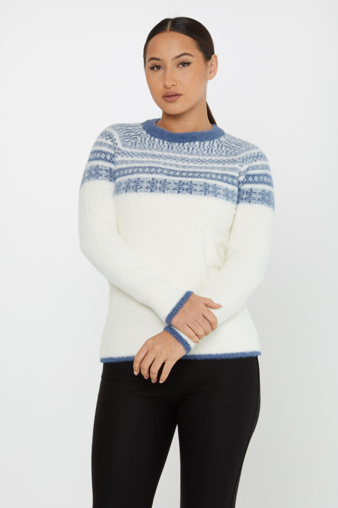 Sweter Angora Wzorzysty Długi Rękaw Ecru-Niebieski - 30682 | KAZEE (zestaw 3 sztuk S-M-L) - 1