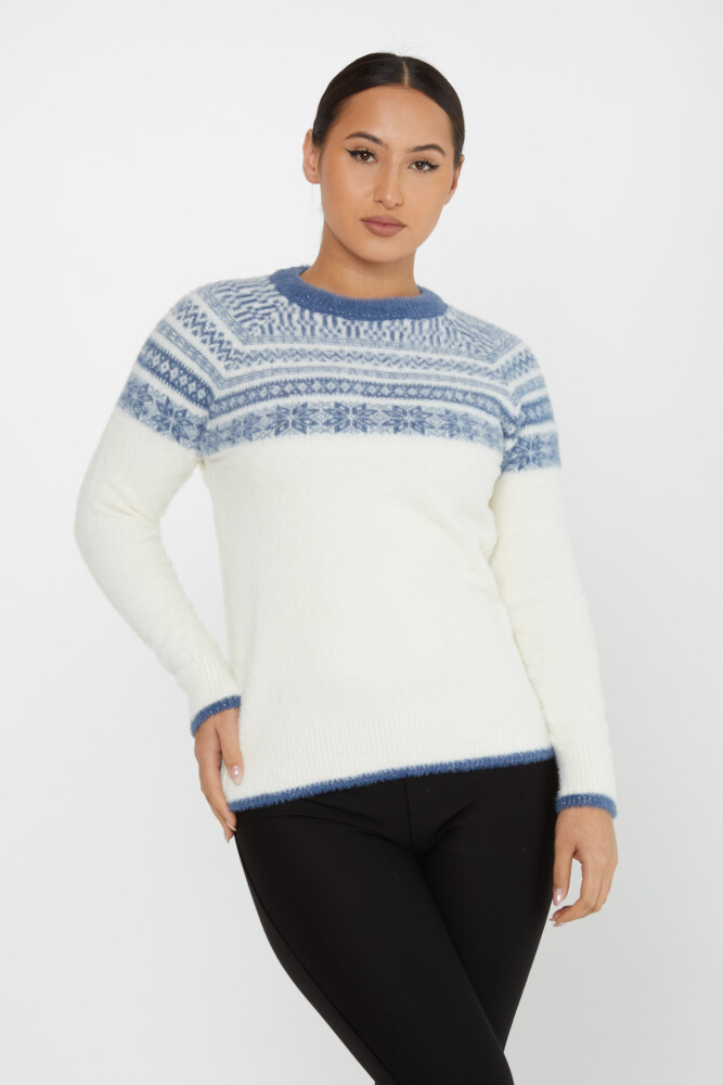 Sweter Angora Wzorzysty Długi Rękaw Ecru-Niebieski - 30682 | KAZEE (zestaw 3 sztuk S-M-L) - 2