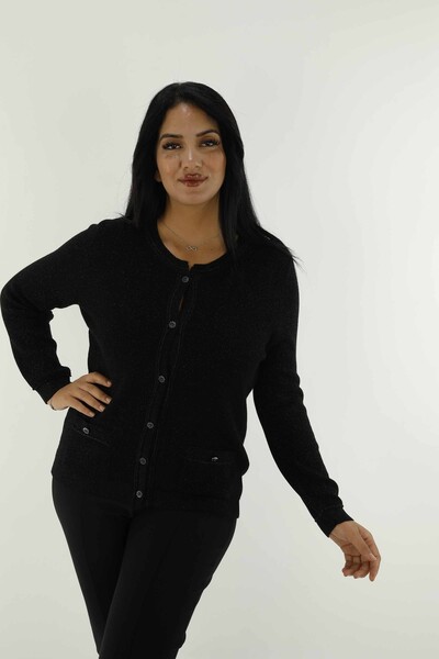 Crew Neck Glittery Knitted Cardigan Black - 30039 | KAZEE - Thumbnail