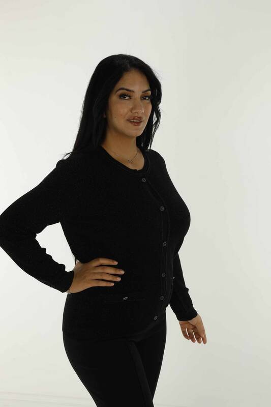 Crew Neck Glittery Knitted Cardigan Black - 30039 | KAZEE