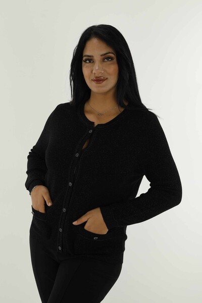 Crew Neck Glittery Knitted Cardigan Black - 30039 | KAZEE - Thumbnail