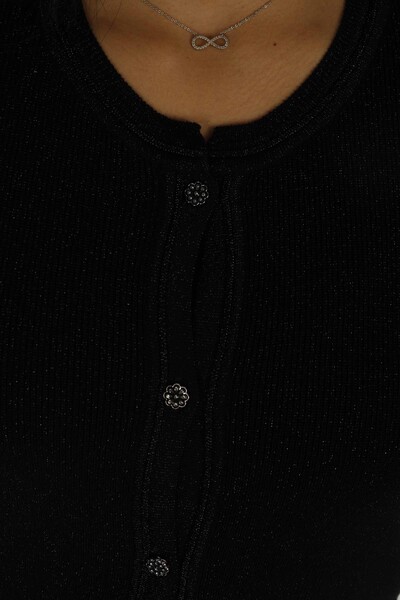 Crew Neck Glittery Knitted Cardigan Black - 30039 | KAZEE - Thumbnail