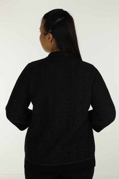 Crew Neck Glittery Knitted Cardigan Black - 30075 | KAZEE - Thumbnail