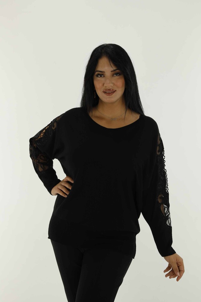 Crew Neck Stone Detailed Embroidered Bat Sleeve Sweater Black - 30752 | KAZEE - 1