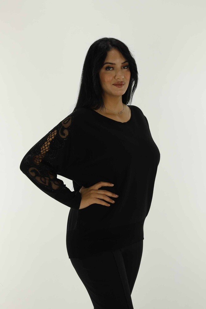 Crew Neck Stone Detailed Embroidered Bat Sleeve Sweater Black - 30752 | KAZEE - 3