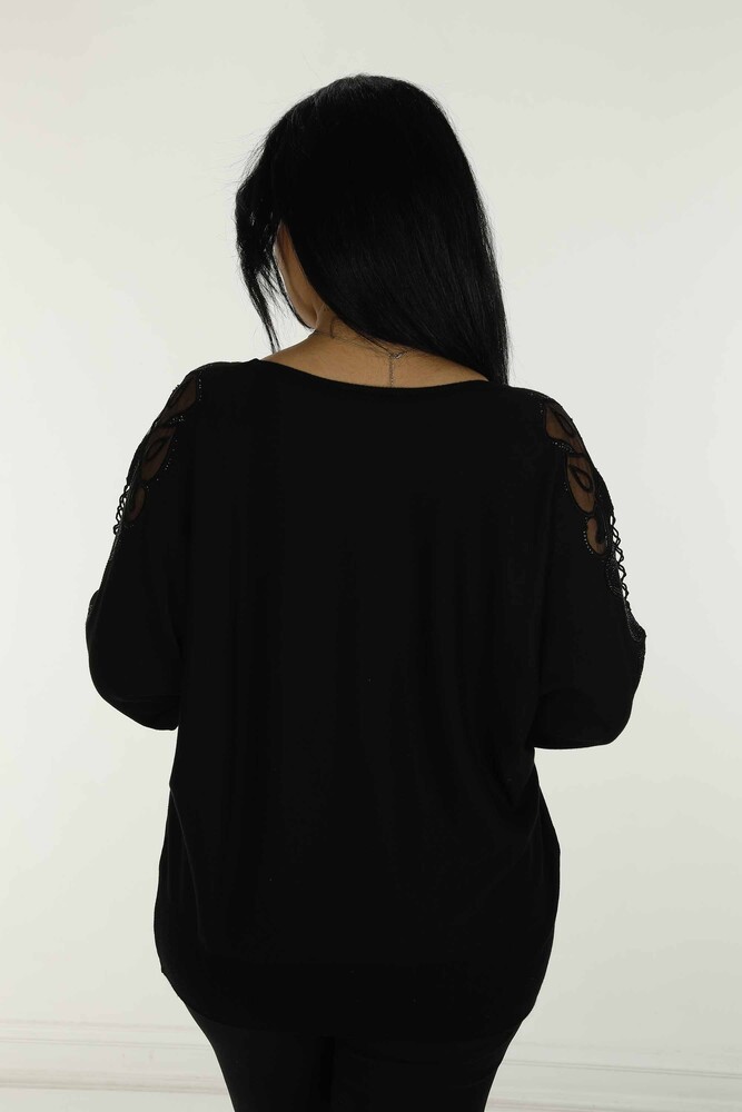 Crew Neck Stone Detailed Embroidered Bat Sleeve Sweater Black - 30752 | KAZEE - 6