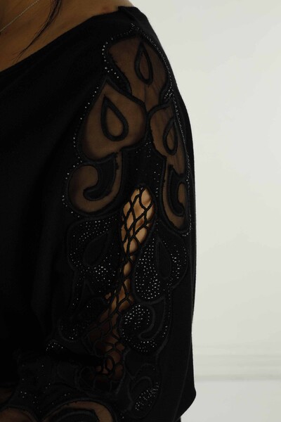 Crew Neck Stone Detailed Embroidered Bat Sleeve Sweater Black - 30752 | KAZEE - Thumbnail