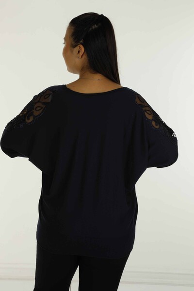 Crew Neck Stone Detailed Embroidered Bat Sleeve Sweater Navy Blue - 30752 | KAZEE - 5