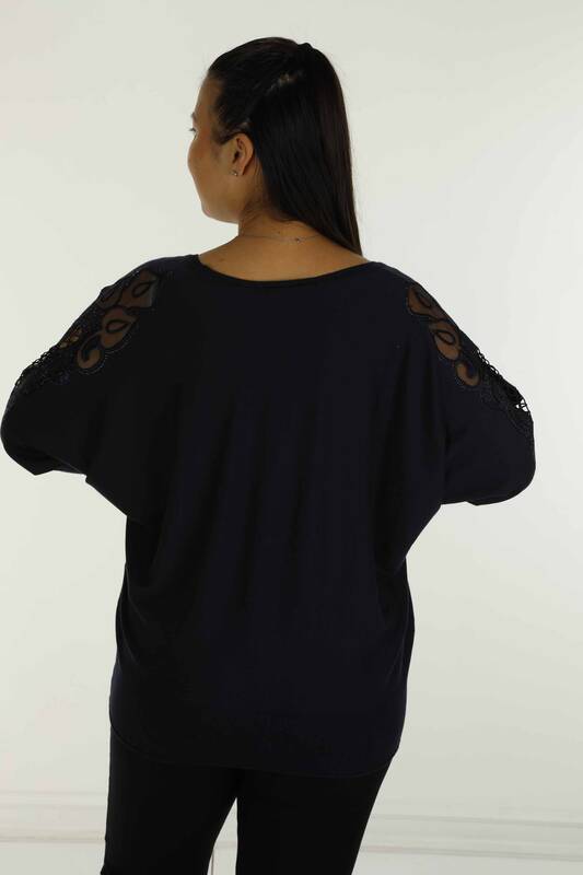 Crew Neck Stone Detailed Embroidered Bat Sleeve Sweater Navy Blue - 30752 | KAZEE