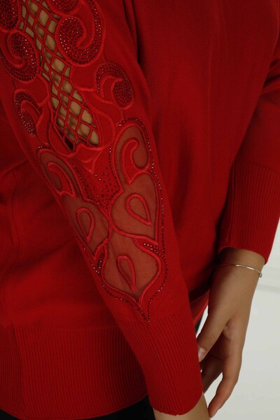 Crew Neck Stone Detailed Embroidered Bat Sleeve Sweater Red - 30752 | KAZEE - Thumbnail