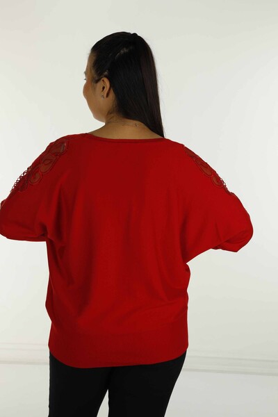 Crew Neck Stone Detailed Embroidered Bat Sleeve Sweater Red - 30752 | KAZEE - Thumbnail