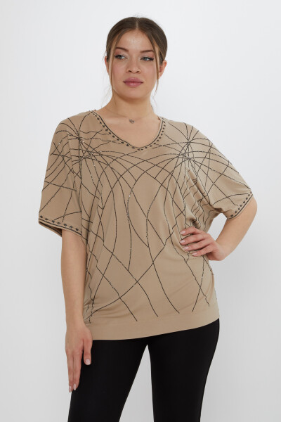 بلوزة بتفاصيل لامعة باللون البيج - 80001 | كازي (مجموعة من 3 مقاسات L-XL-2XL) 