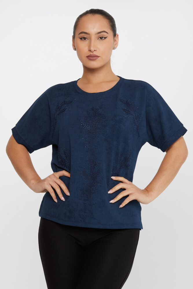 Blouse Feuille Brodée Pierre Brodée Manches Courtes Bleu Marine - 79993 | KAZEE (Lot de 3 M-L-XL) - 1