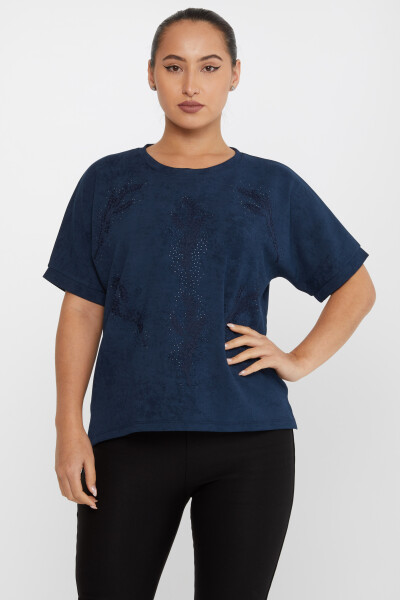 Blouse Feuille Brodée Pierre Brodée Manches Courtes Bleu Marine - 79993 | KAZEE (Lot de 3 M-L-XL) - 2