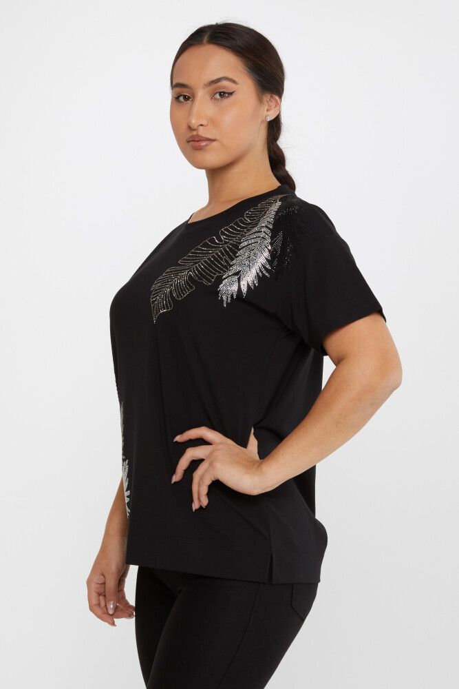 ﻿﻿Blouse Leaf Patterned Stone Embroidered Short Sleeve Black - 80013 | KAZEE (Set of 3 L-XL-2XL) - 1