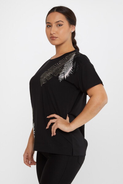 ﻿﻿Blouse Leaf Patterned Stone Embroidered Short Sleeve Black - 80013 | KAZEE (Set of 3 L-XL-2XL) 