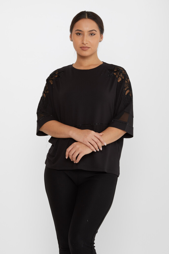 Blouse Manches Pierre Broderie Détaillée Manches Courtes Noir - 79065 | KAZEE (Lot de 4 M-L-XL-2XL) - 1