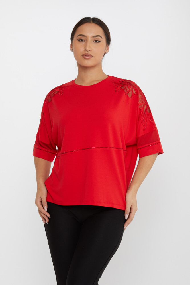 Blouse Manches Pierre Broderie Détaillée Manches Courtes Rouge - 79065 | KAZEE (Lot de 4 M-L-XL-2XL) - 1