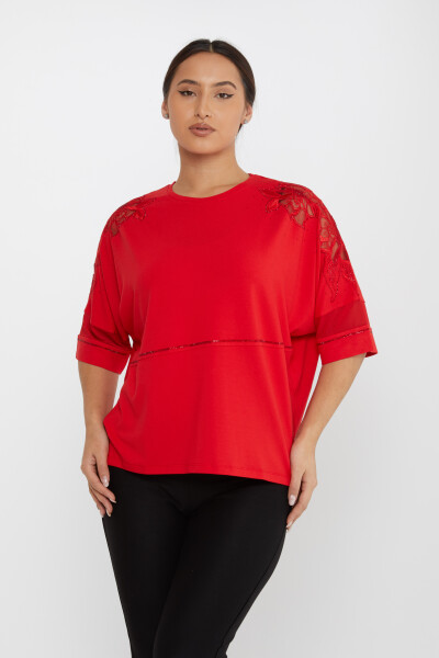 Blouse Manches Pierre Broderie Détaillée Manches Courtes Rouge - 79065 | KAZEE (Lot de 4 M-L-XL-2XL) 