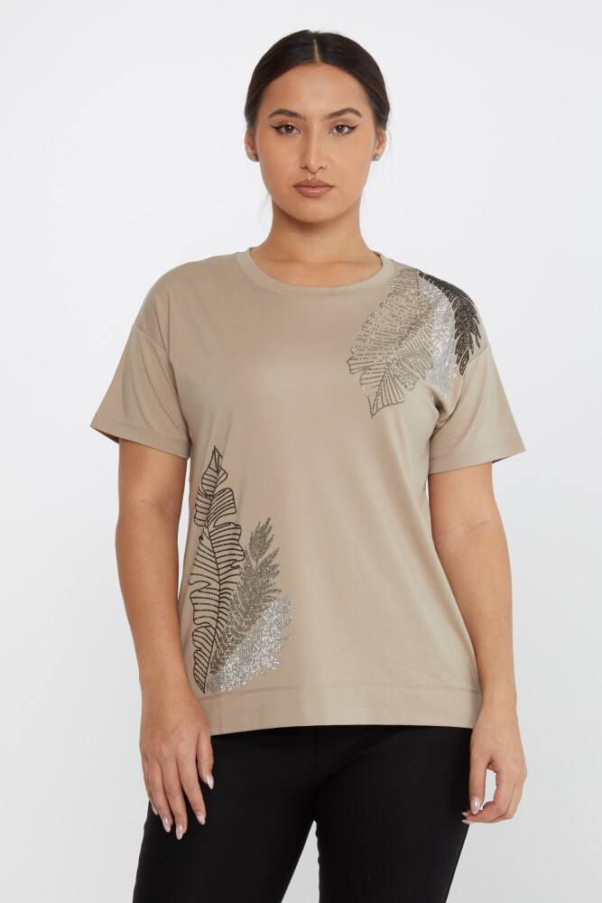 Blouse Feuille à Motifs Pierre Brodée Manches Courtes Beige Clair - 80013 | KAZEE (Lot de 3 L-XL-2XL) - 1