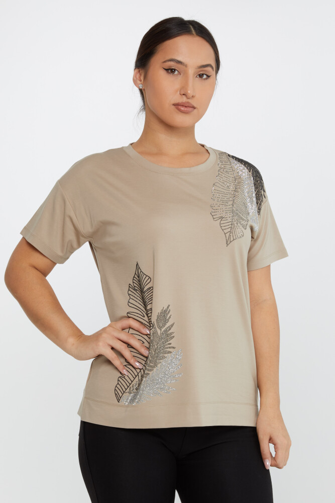 Blouse Feuille à Motifs Pierre Brodée Manches Courtes Beige Clair - 80013 | KAZEE (Lot de 3 L-XL-2XL) - 2