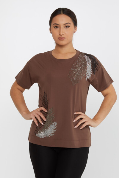 Blouse Feuille à Motifs Pierre Brodée Manches Courtes Marron - 80013 | KAZEE (Lot de 3 L-XL-2XL) - 1