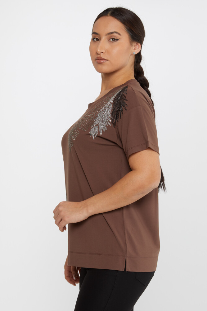 Blouse Feuille à Motifs Pierre Brodée Manches Courtes Marron - 80013 | KAZEE (Lot de 3 L-XL-2XL) - 2