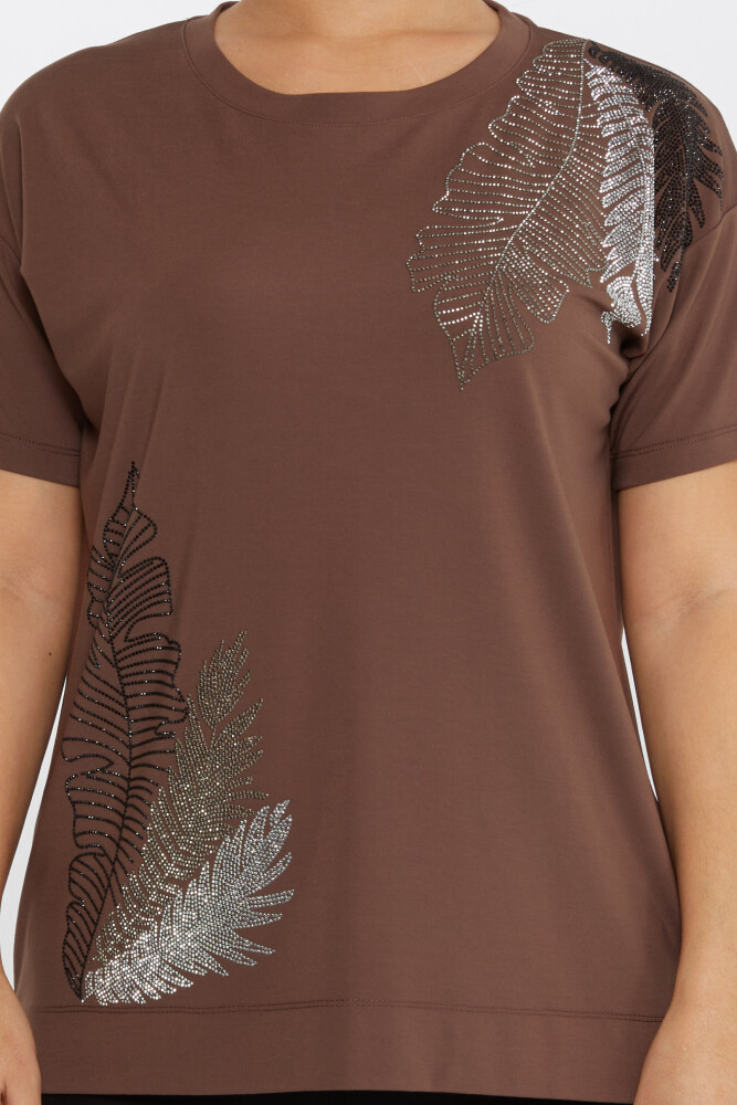 Blouse Feuille à Motifs Pierre Brodée Manches Courtes Marron - 80013 | KAZEE (Lot de 3 L-XL-2XL) - 3