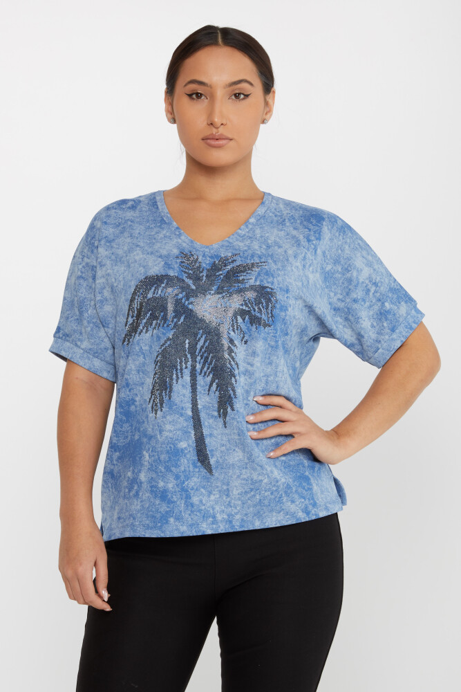 Blouse Palm Stone Brodée Manches Courtes Bleu - 79994 | KAZEE (Lot de 3 M-L-XL) - 1