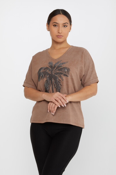 Blouse Palm Stone Brodée Manches Courtes Marron Clair - 79994 | KAZEE (Lot de 3 M-L-XL) 