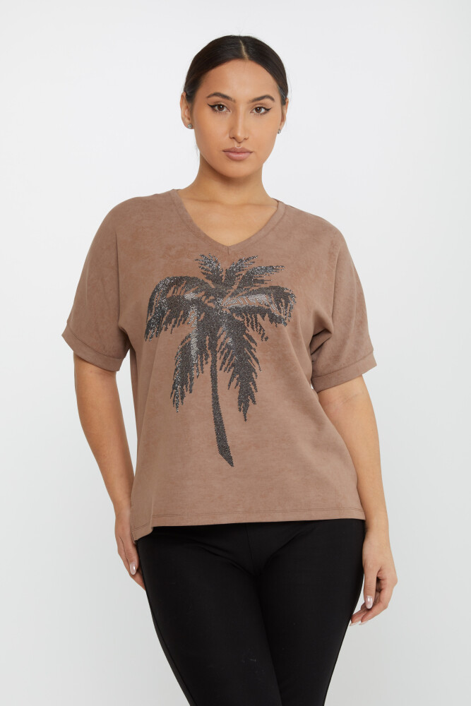 Blouse Palm Stone Brodée Manches Courtes Marron Clair - 79994 | KAZEE (Lot de 3 M-L-XL) - 2