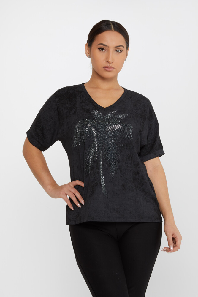 Blouse Palmier Brodé Manches Courtes Noir - 79994 | KAZEE (Lot de 3 M-L-XL) - 1