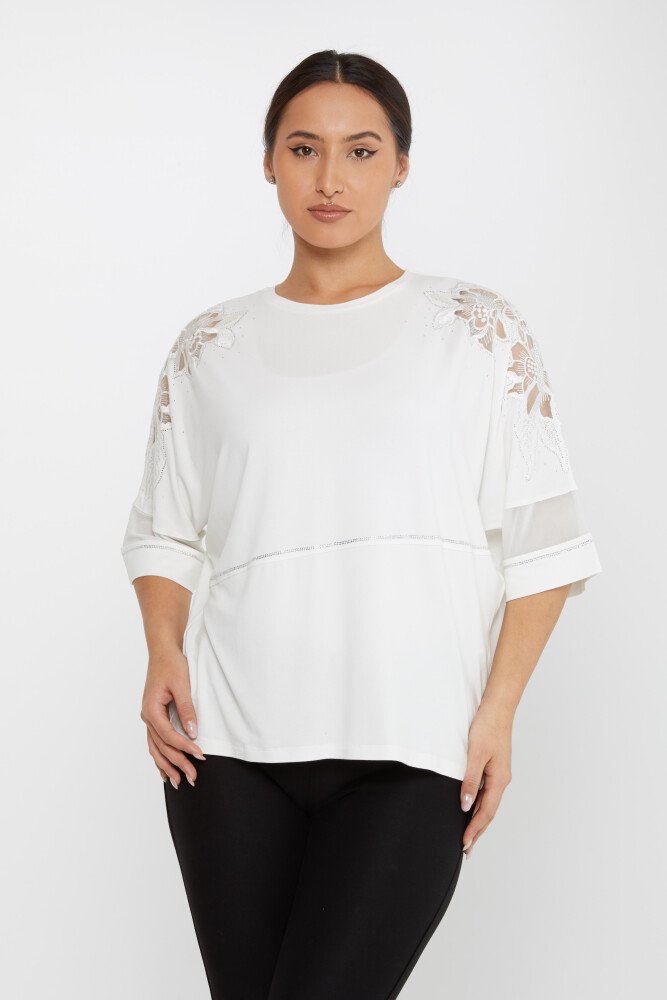 Blusenärmel, Steinstickerei, detailliert, kurze Ärmel, Ecru – 79065 | KAZEE (4er-Set M-L-XL-2XL) - 2