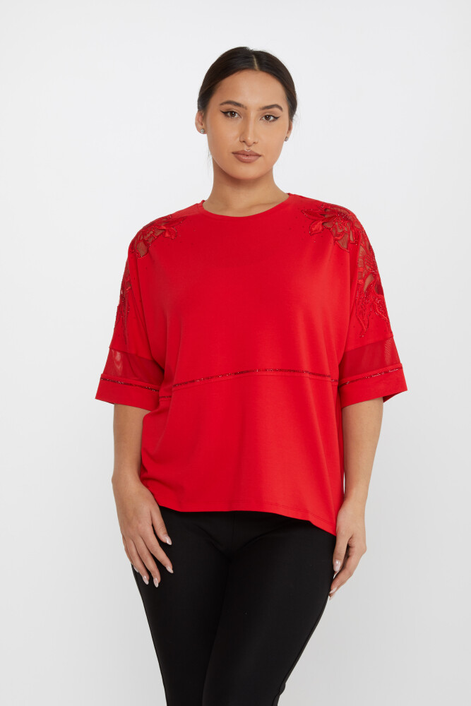 Blusenärmel Steinstickerei Detaillierte Kurzarm Rot - 79065 | KAZEE (4er-Set M-L-XL-2XL) - 2