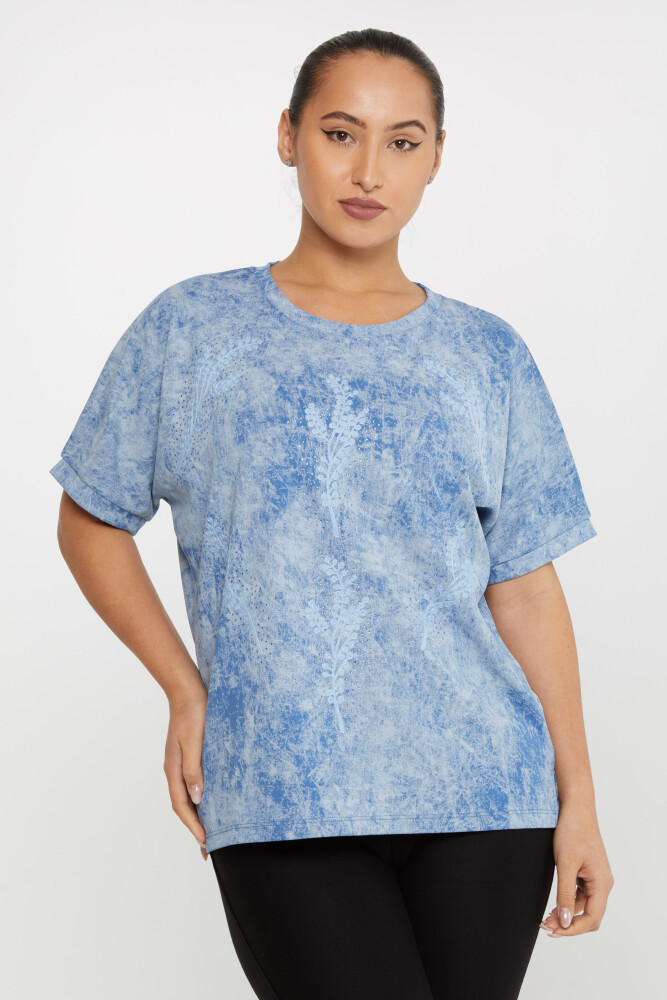 Bluse mit Blatt-Stickerei, Stein-Stickerei, kurze Ärmel, Blau – 79993 | KAZEE (3er-Set M-L-XL) - 1