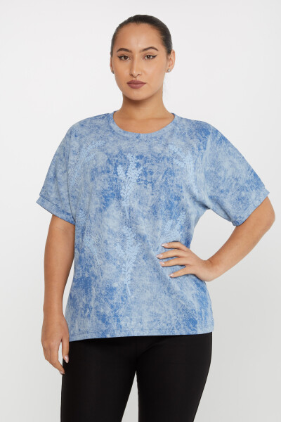 Bluse mit Blatt-Stickerei, Stein-Stickerei, kurze Ärmel, Blau – 79993 | KAZEE (3er-Set M-L-XL) - 2