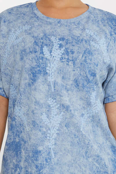 Bluse mit Blatt-Stickerei, Stein-Stickerei, kurze Ärmel, Blau – 79993 | KAZEE (3er-Set M-L-XL) - 3