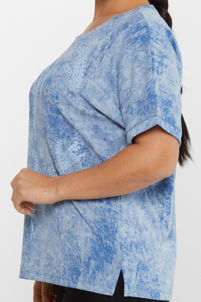 Bluse mit Blatt-Stickerei, Stein-Stickerei, kurze Ärmel, Blau – 79993 | KAZEE (3er-Set M-L-XL) - 4