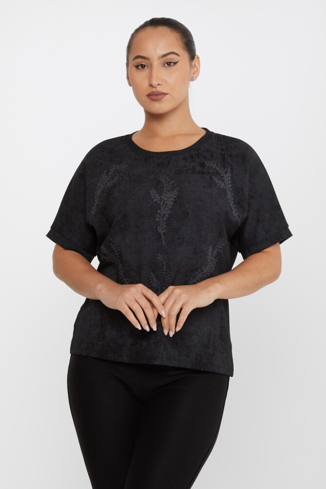 Bluse mit Blatt-Stickerei, Stein-Stickerei, kurze Ärmel, Schwarz – 79993 | KAZEE (3er-Set M-L-XL) - 1