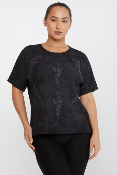 Bluse mit Blatt-Stickerei, Stein-Stickerei, kurze Ärmel, Schwarz – 79993 | KAZEE (3er-Set M-L-XL) - 2