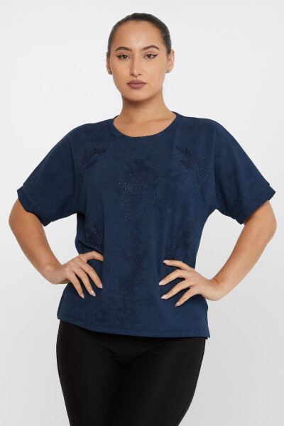 Bluse mit Blatt-Stickerei, Stein-Stickerei, kurze Ärmel, Marineblau – 79993 | KAZEE (3er-Set M-L-XL) 