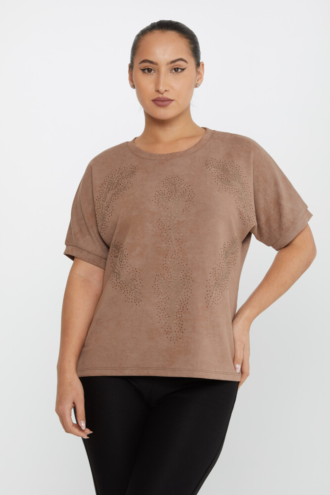 Bluse mit Blatt-Stickerei, Stein-Stickerei, kurze Ärmel, Hellbraun – 79993 | KAZEE (3er-Set M-L-XL) - 1