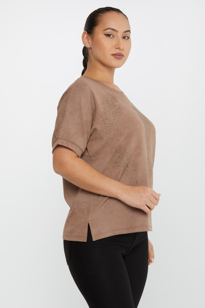 Bluse mit Blatt-Stickerei, Stein-Stickerei, kurze Ärmel, Hellbraun – 79993 | KAZEE (3er-Set M-L-XL) - 2