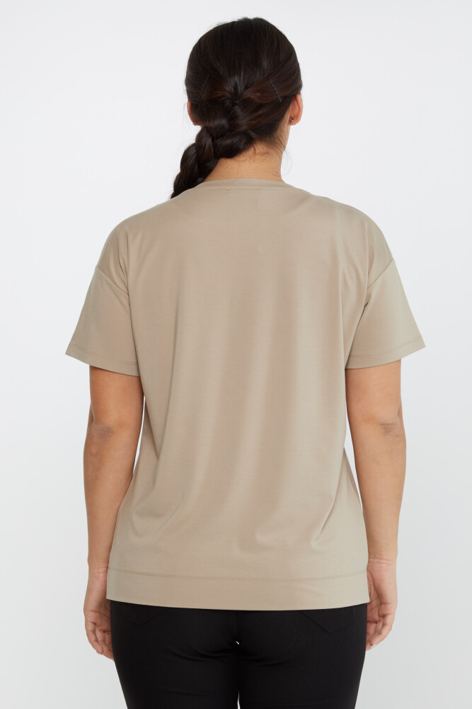 Bluse mit Blattmuster und Steinstickerei, kurze Ärmel, Hellbeige – 80013 | KAZEE (3er-Set L-XL-2XL) - 5